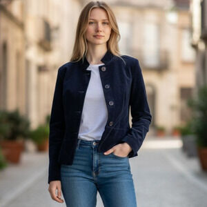 Vintage Talbots Navy Blue Stretch Velvet Peplum Blazer Size 10P Purple Buttons